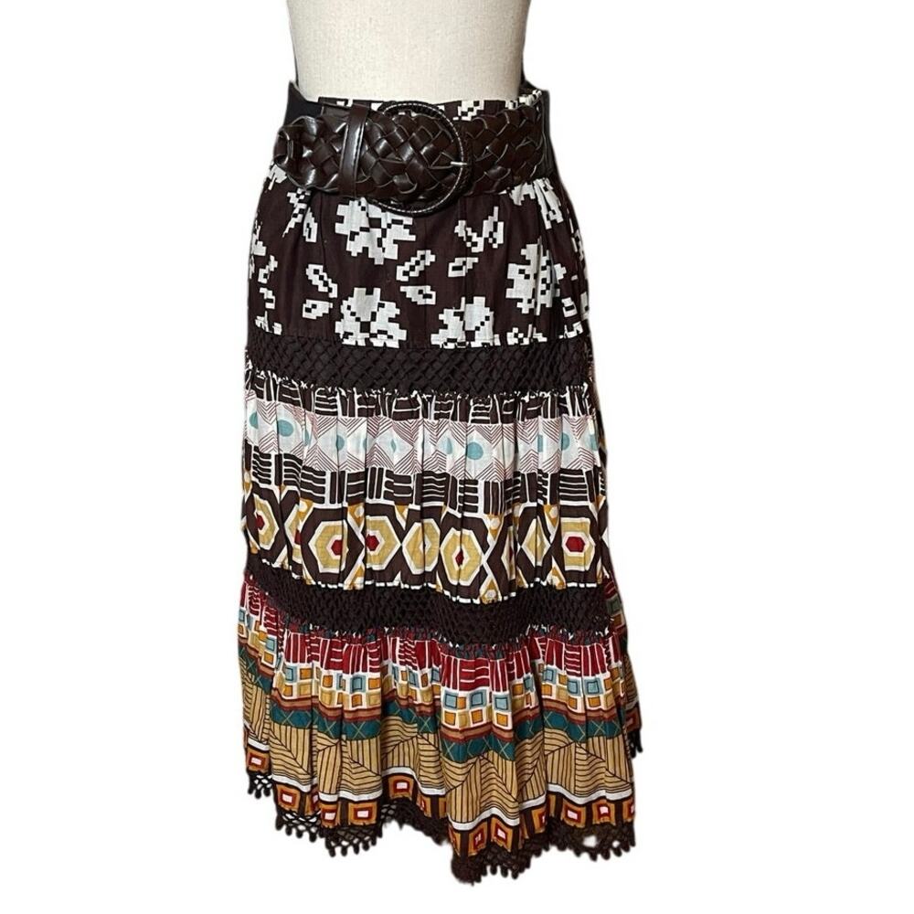 VTG ECI Southwest Geometric Tiered Peasant Belted Midi Skirt Size 12